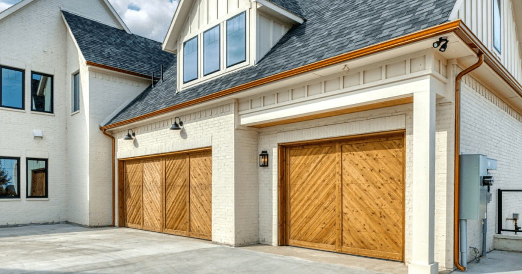 Two wooden garage doors on brick house.